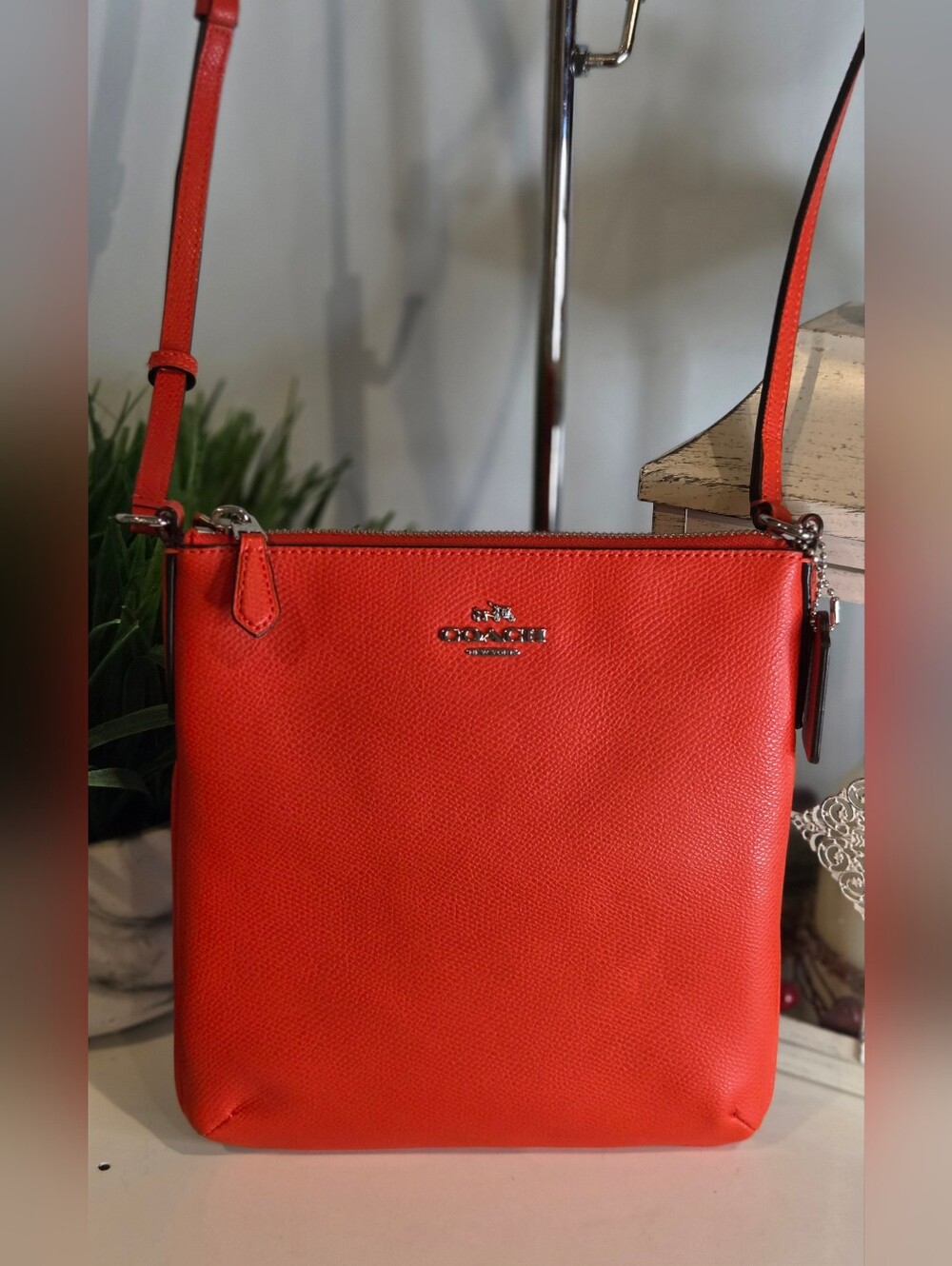 Coach North South Orange-Red Pebbled Leather Crossbody Bag